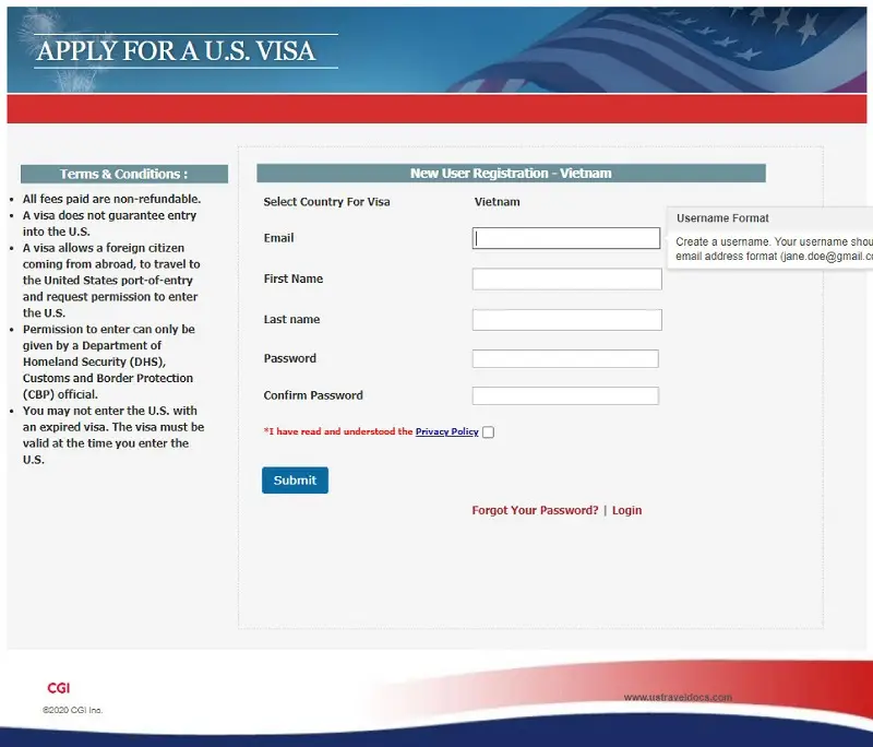 Tạo tài khoản xin gia hạn Visa Mỹ