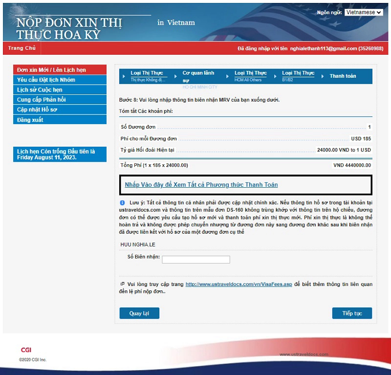 Đăng ký tài khoản thanh toán lệ phí xin Visa đi Mỹ công tác