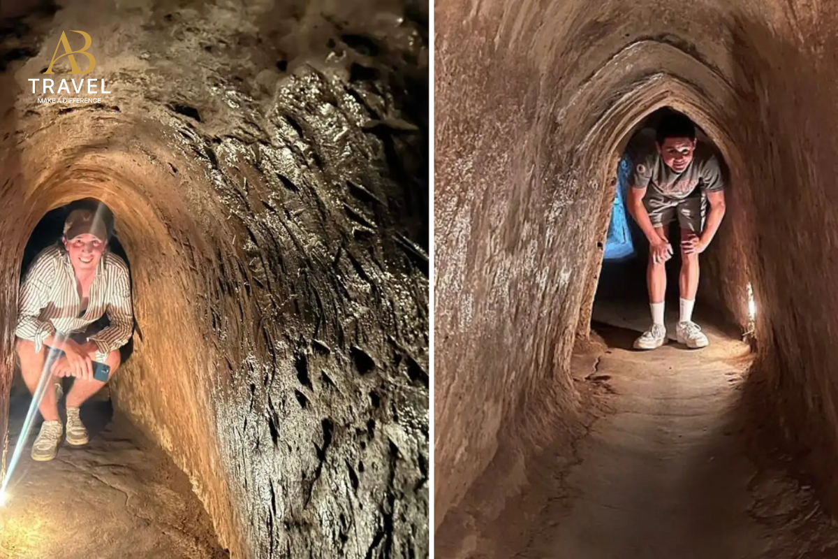Traveler exploring the narrow underground passage at the Cu Chi Tunnels on the best Cu Chi tours.